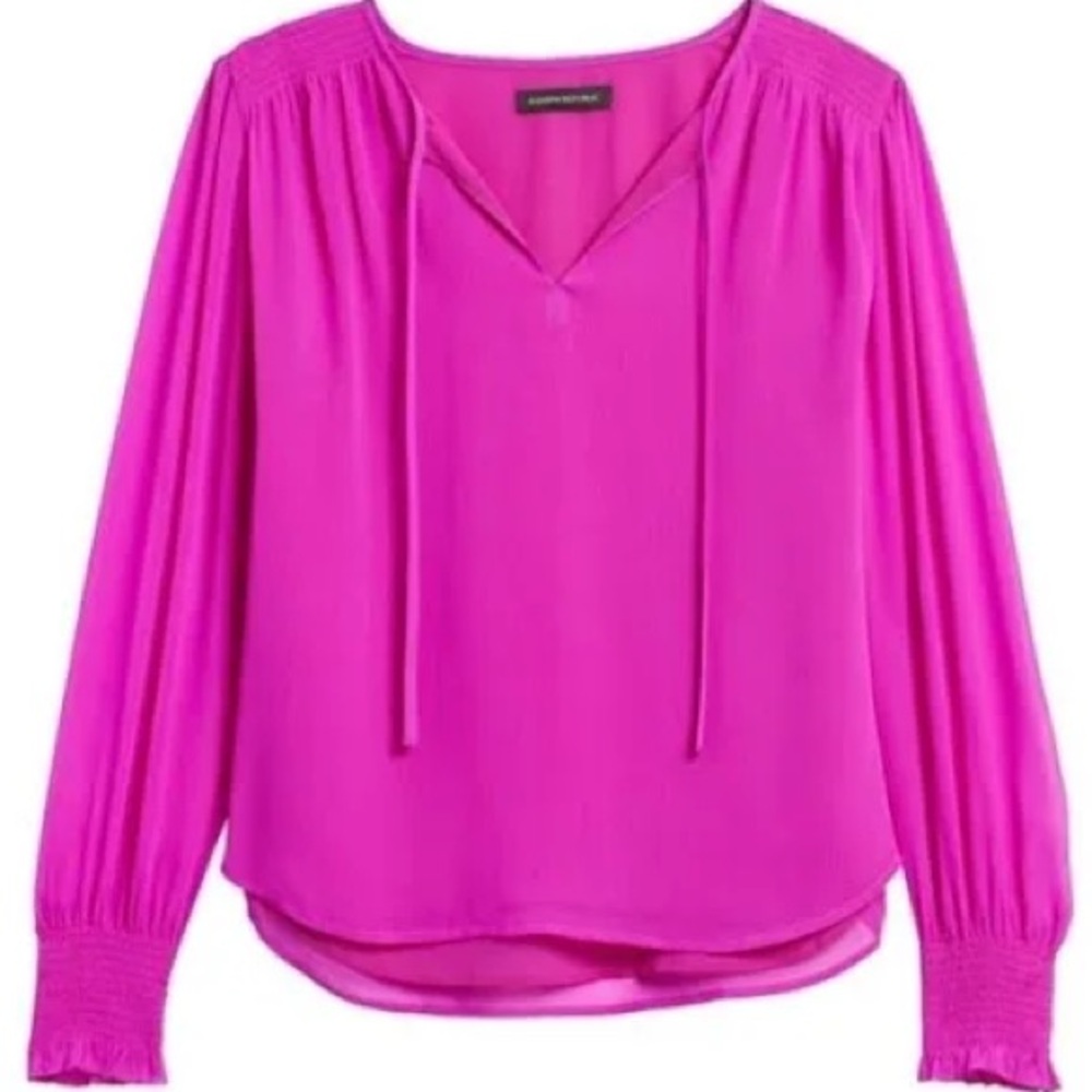 BANANA REPUBLIC Magenta Smocked Tie Neck Long Sleeve Blouse, Size Small Tall
